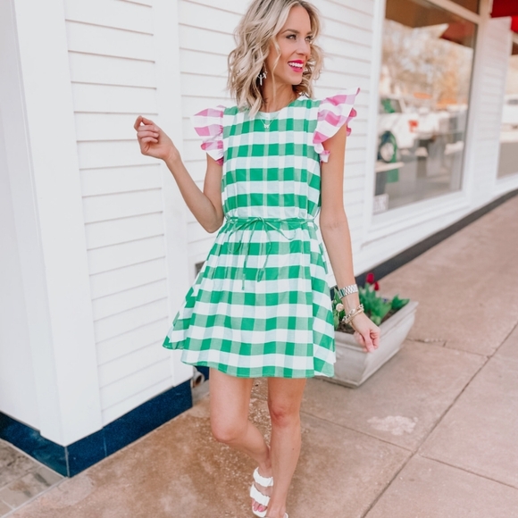 Aura Dresses & Skirts - Aura Green And Pink Gingham Style Dress